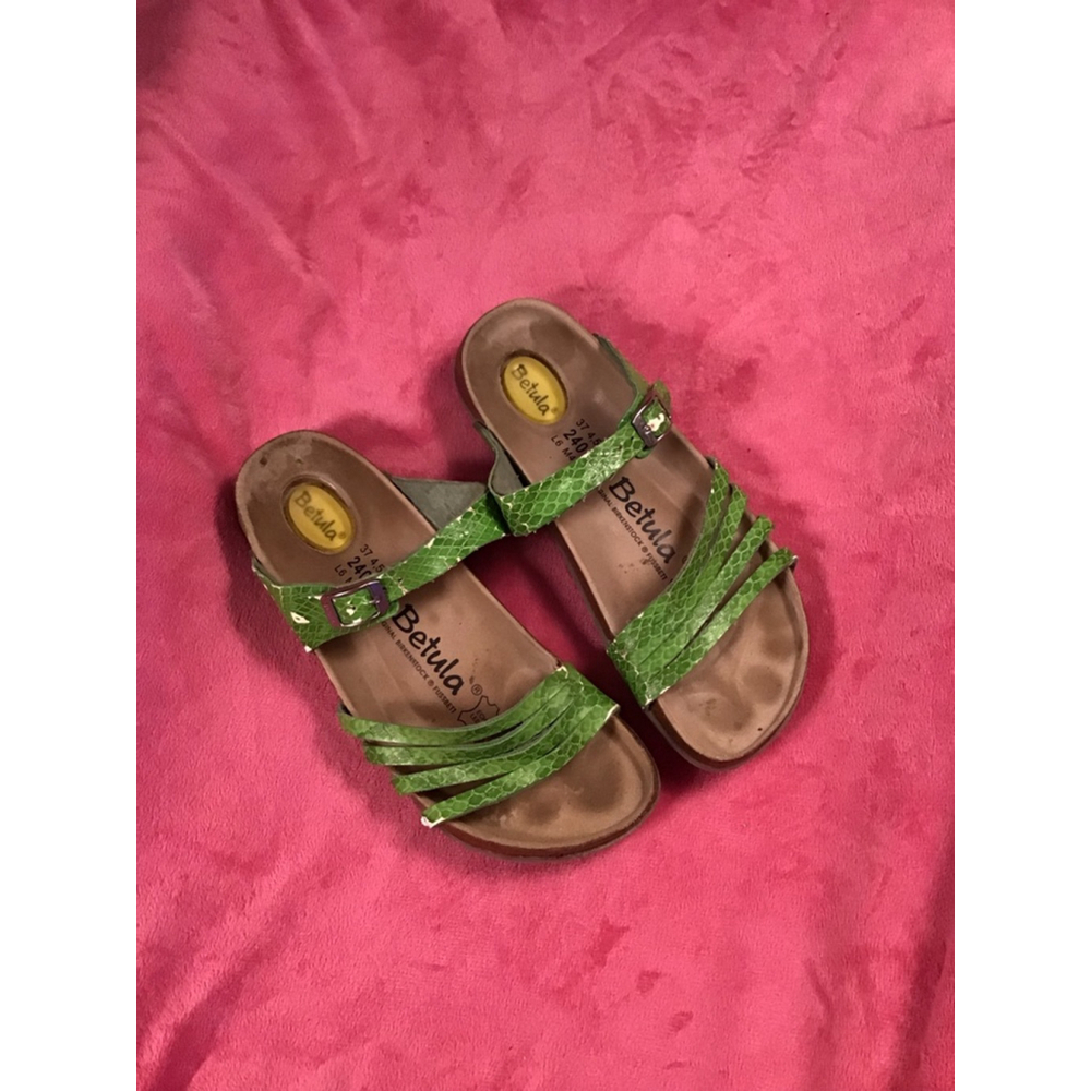 Betula Green Snakeskin Strap Sandals US 6 Brown Footbed Peeling
